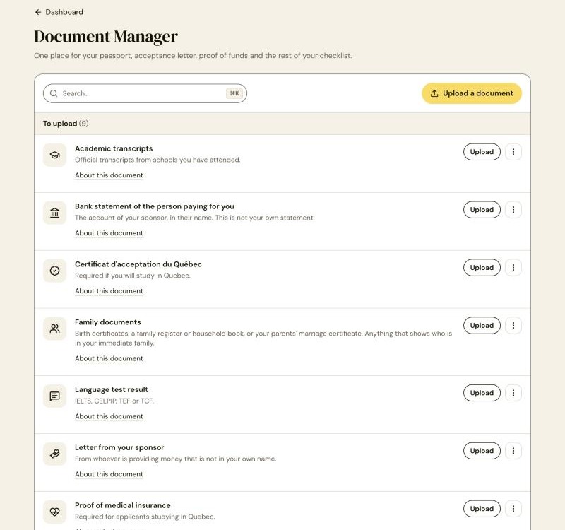 The Document Manager, showing the documents still to upload, each with a short note on what it is.