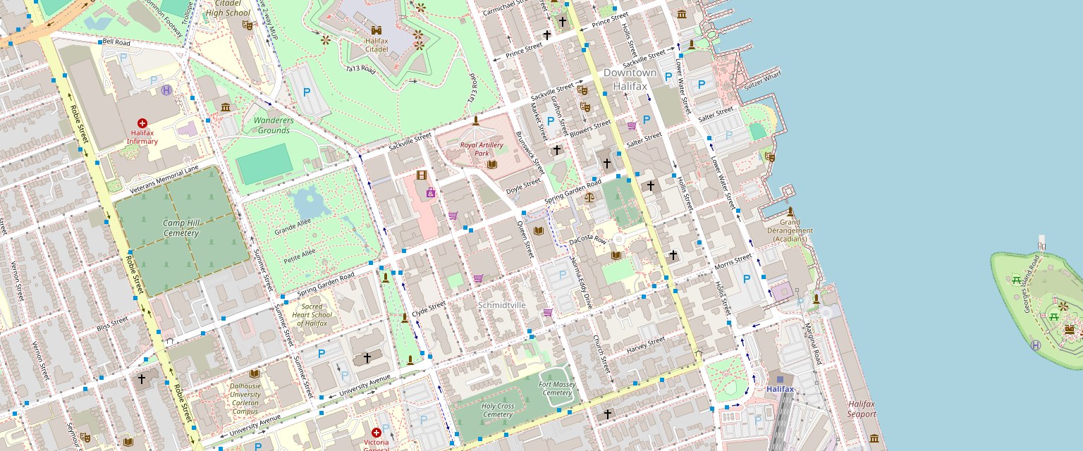 Map of downtown Halifax centred on Halifax Central Library, at Spring Garden Road and Queen Street